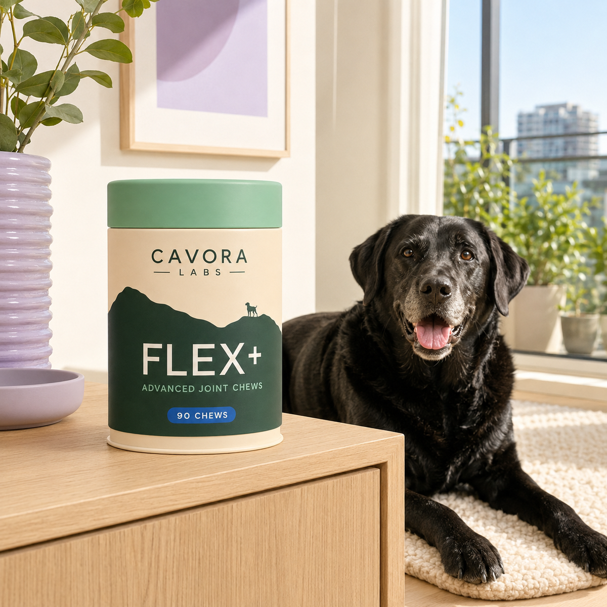 Cavora Flex+ joint chews in a sunlit Australian home with mature black Labrador