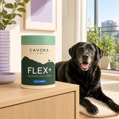 Cavora Flex+ joint chews in a sunlit Australian home with mature black Labrador