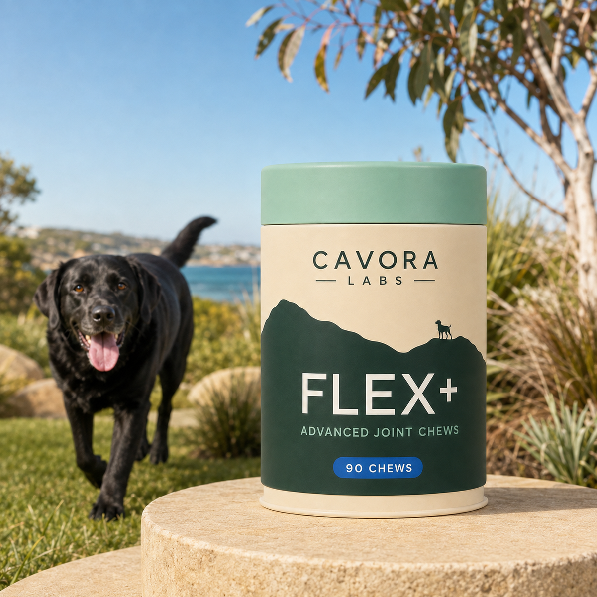 Cavora Flex+ joint chews in an Australian coastal garden with mature black Labrador