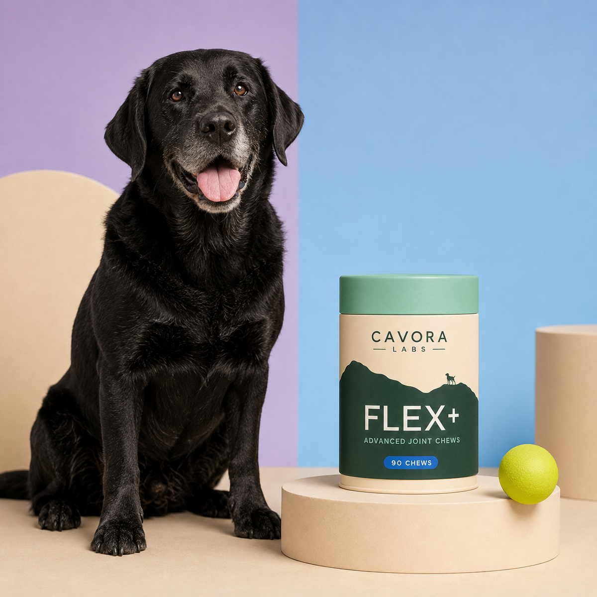 Cavora Flex+ joint chews studio portrait with mature black Labrador