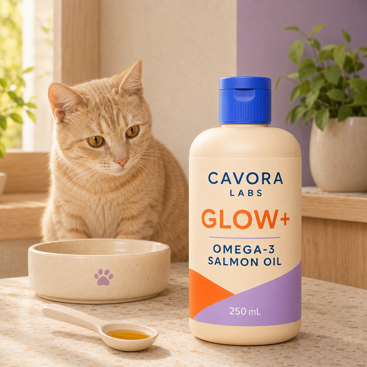 Cavora Glow+ omega-3 salmon oil daily wellness routine with cream tabby cat and small dog