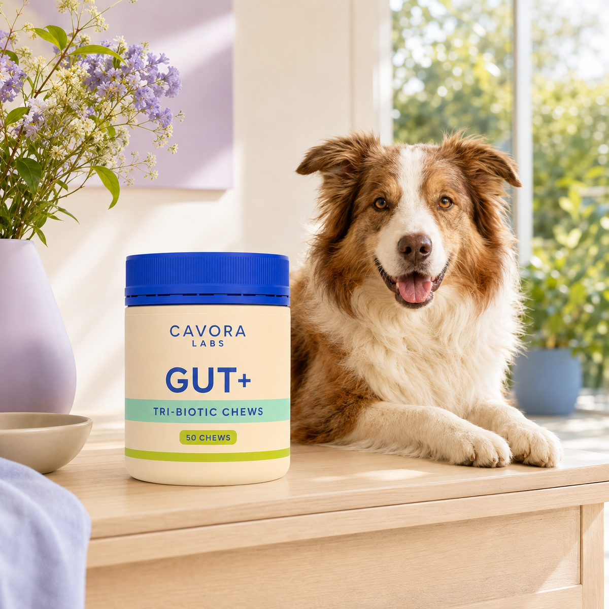 Cavora Gut+ tri-biotic chews in a sunlit Australian home with Australian shepherd