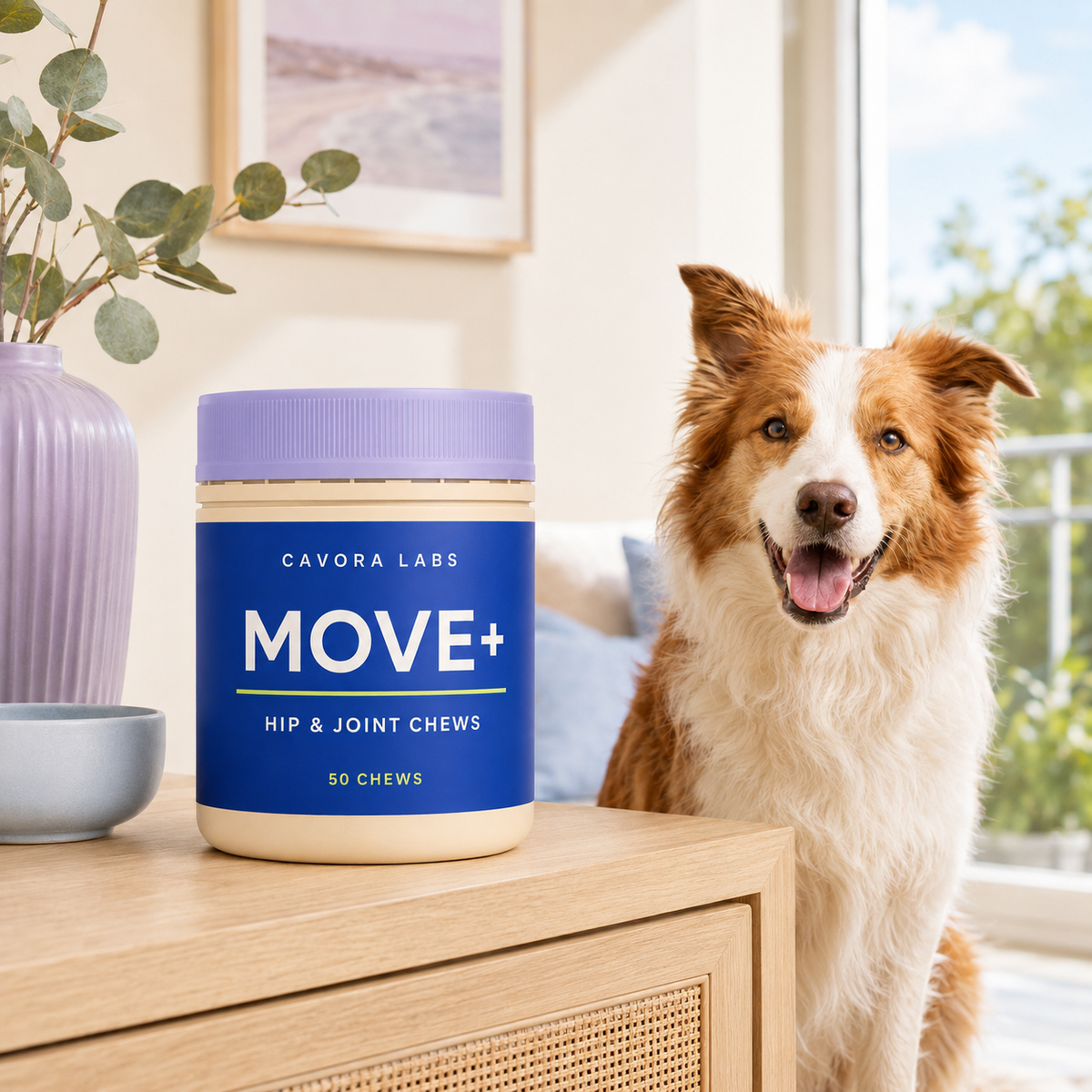 Cavora Move+ hip and joint chews in a sunlit Australian home with red-and-white border collie
