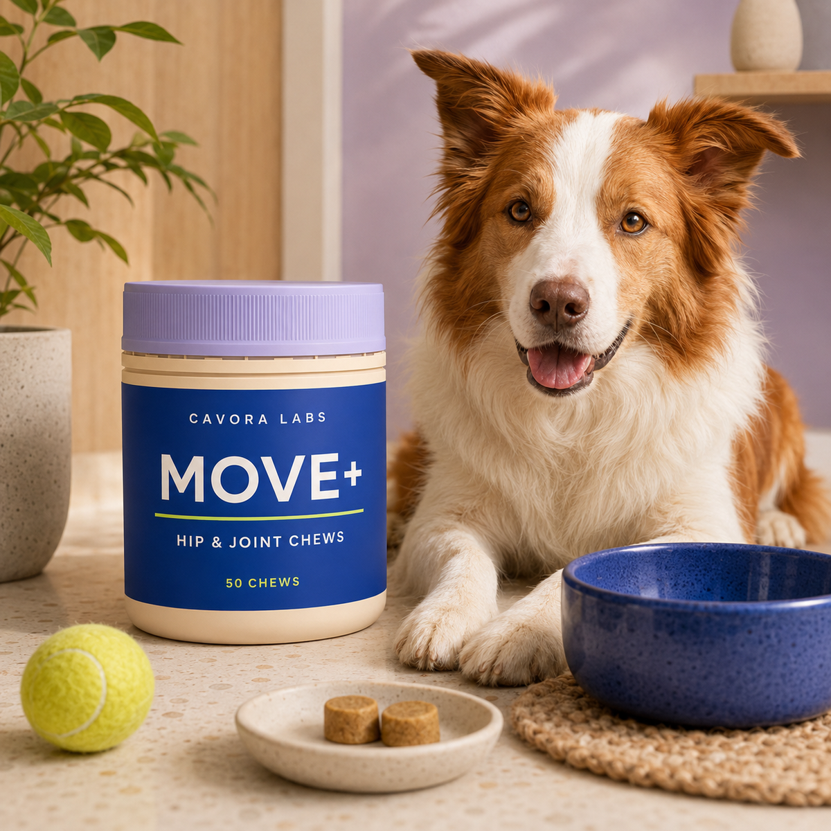 Cavora Move+ hip and joint chews daily wellness routine with red-and-white border collie